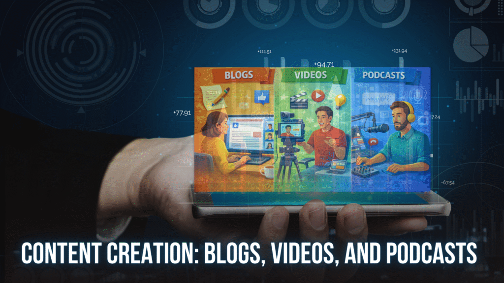 Content creation through blogs, videos, and podcasts as zero investment business ideas