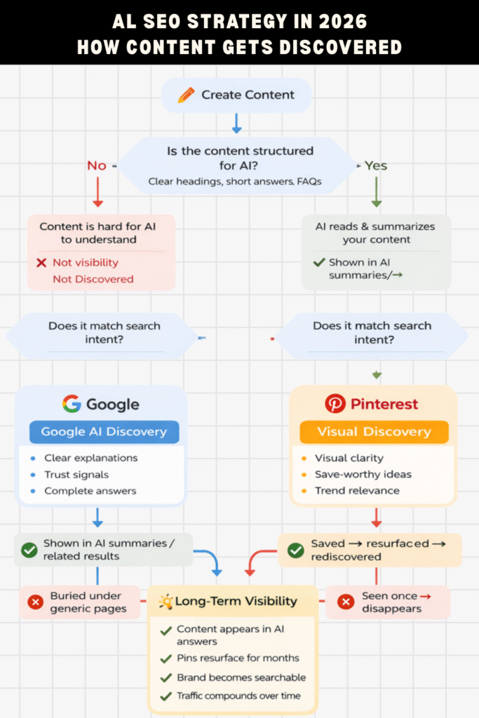 .Flowchart showing how structured content is selected by Google AI and rediscovered over time through Pinterest saves.