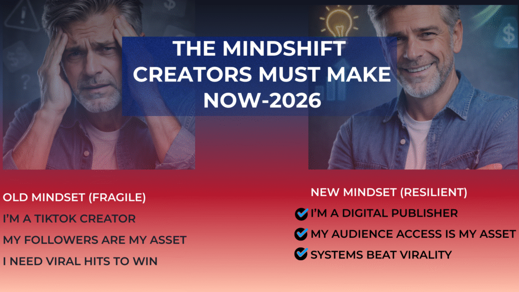Creator mindset shift 2026 showing old platform dependent thinking versus a resilient multi platform strategy