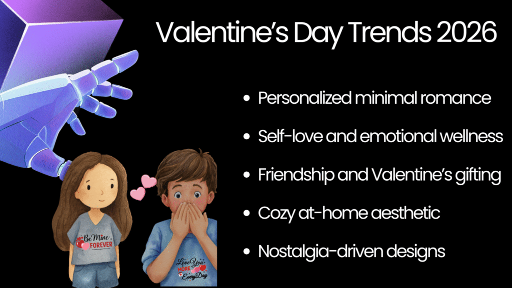 A modern list of Valentine’s Day trends for 2026 including personalized minimal romance, self-love themes, friendship gifting, cozy at-home aesthetics, and nostalgia-driven designs.