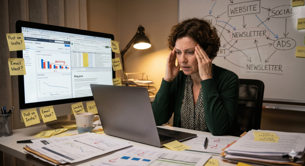 A tired business owner sitting at a desk late at night, staring blankly at a laptop screen filled with spreadsheets due to manual marketing tasks.