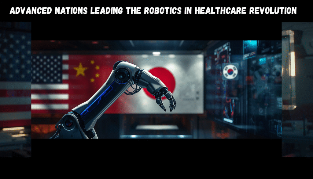  Robotics in healthcare showing USA China and Japan leading the global medical revolution with surgical robots country flags and futuristic hospital holographic panels in deep navy and gold tones