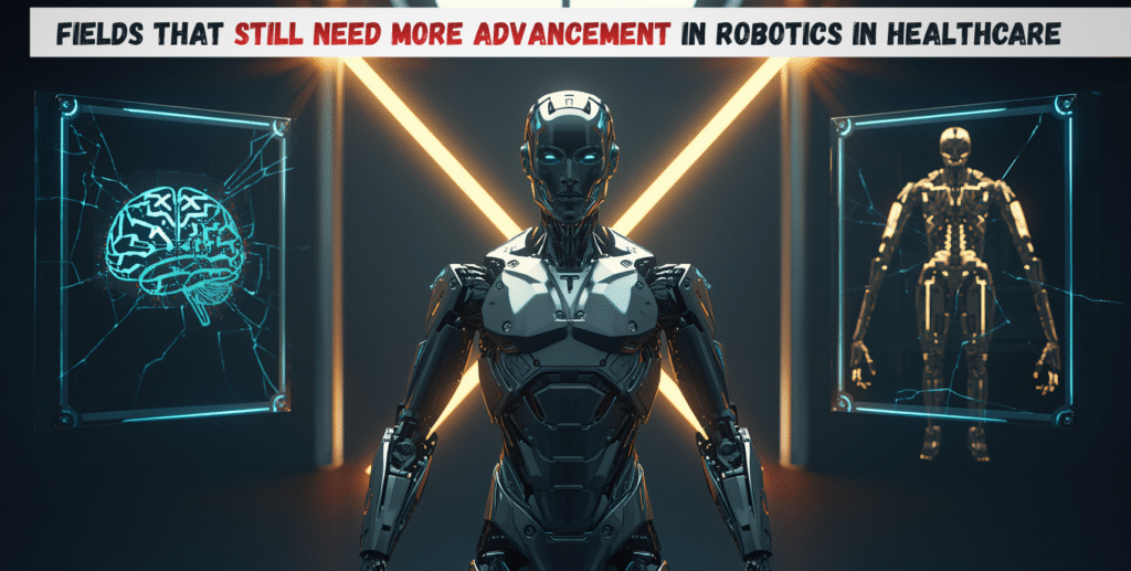  Robotics in healthcare shown as an unfinished robotic figure with one complete arm and one exposed with wires surrounded by three cracked holographic panels representing gaps in mental health AI global health equity and rehabilitation robotics