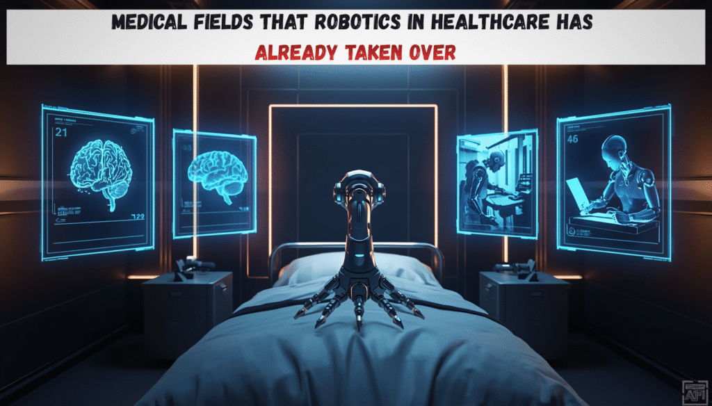  Robotics in healthcare taking over four critical medical fields shown through glowing holographic panels including radiology surgical robotics hospital logistics and clinical documentation in a futuristic navy and gold hospital setting