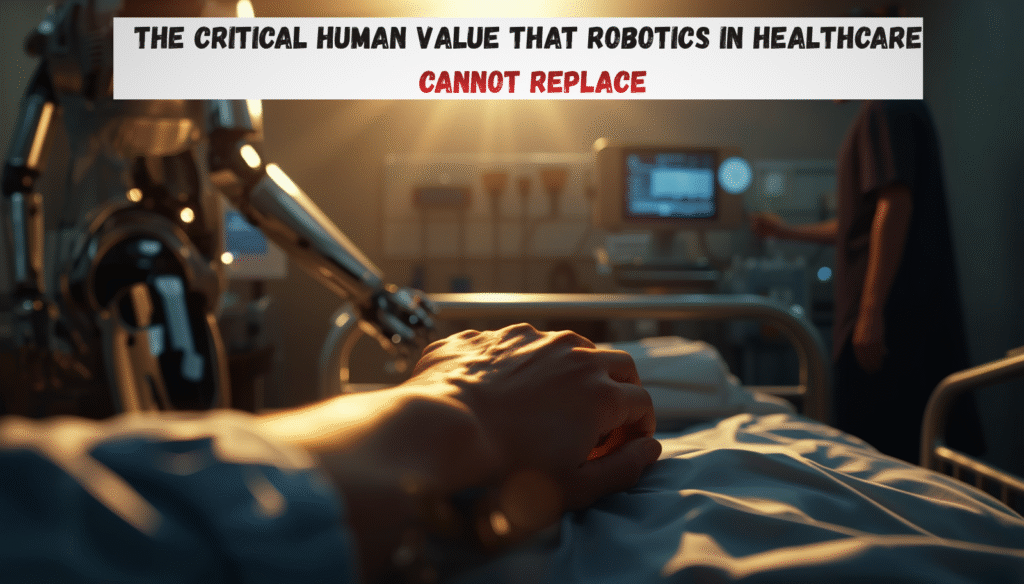 Robotics in healthcare stepping back as a warm human hand gently holds a patient hand in a hospital bed bathed in gold light with a cold silver robotic arm blurred in the background