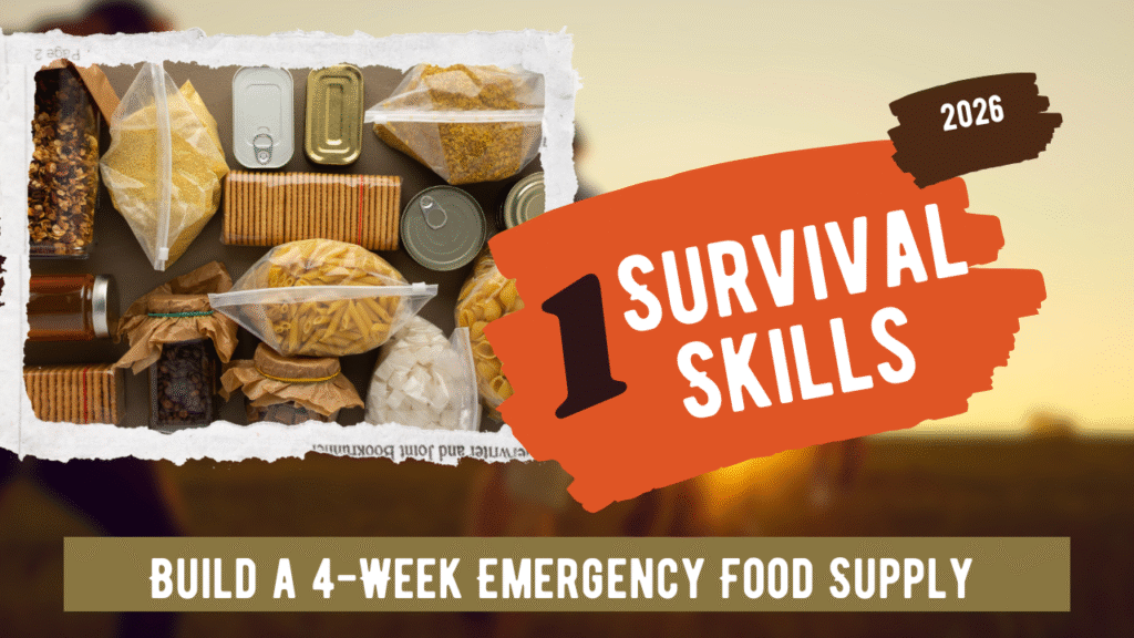 A well-organized home pantry stocked with a 4-week supply of emergency food, canned goods, and sealed dry grains.