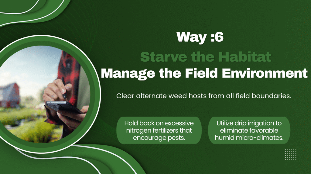Clean agricultural field borders and drip irrigation reducing the habitat for whiteflies on cotton.