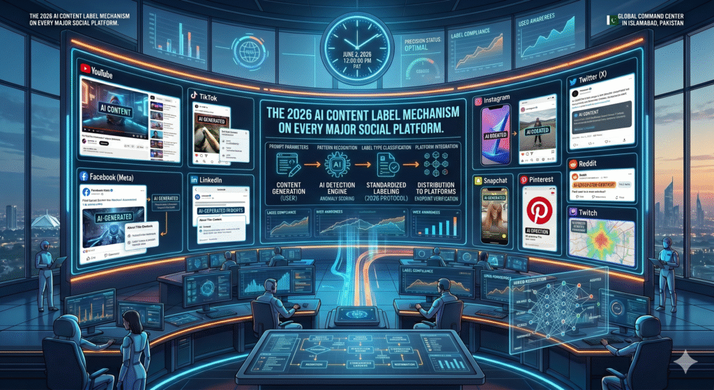 A high-tech command center visualization illustrating the full workflow of the 2026 AI Content Label Mechanism across all major social media platforms.