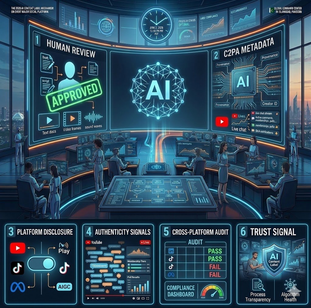 A wide-angle digital illustration of a high-tech control room showcasing the 6-step AI content label strategy. The large dashboard presents a sequential layout: 1) Prompt Data & Tool Origin, 2) Automated Detection & Scoring, 3) Standardized Labeling (Unified Protocol), 4) Platform Integration (showing social media icons), 5) User Transparency & Consent, and 6) Compliance & Audit Trail. Technicians in a command center oversee the data mapping.