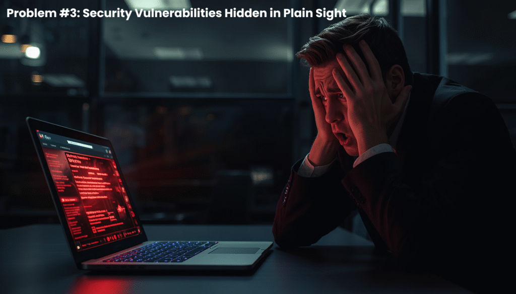A realistic photograph of a person proudly locking a high-tech security door that stands in an empty field with no walls around it, demonstrating how unseen security flaws create the most dangerous vibe coding problems.