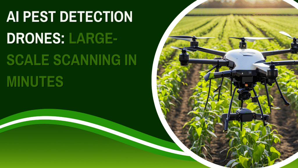 An automated AI pest detection drone flying over a large green agricultural field, using advanced cameras to scan crops for bug infestations.