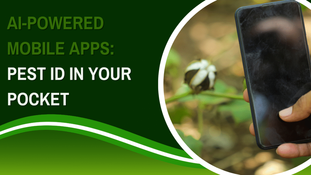 A close-up of a person holding a smartphone running an AI-powered mobile app to perform a quick pest ID on an insect in a garden.