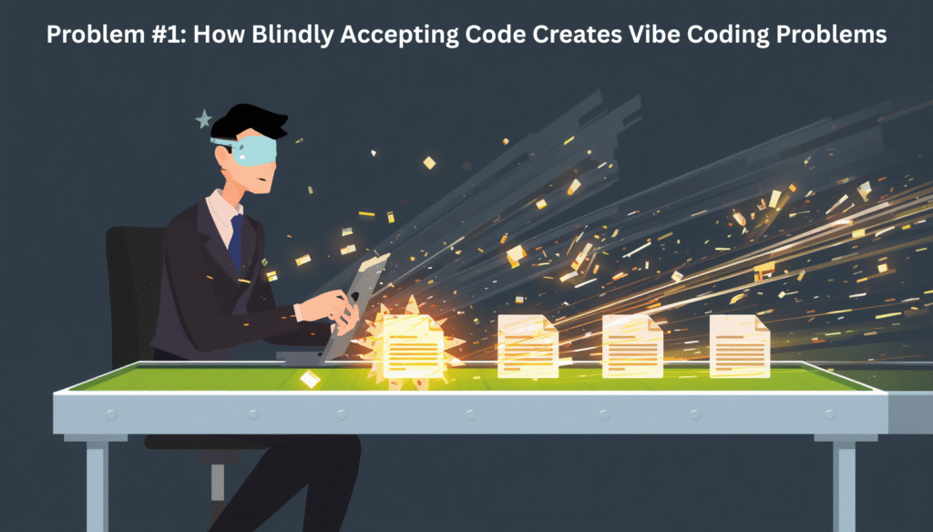 A conceptual illustration of a developer blindly accepting AI-generated blueprints that are crumbling, representing how skipping code review creates severe vibe coding problems.