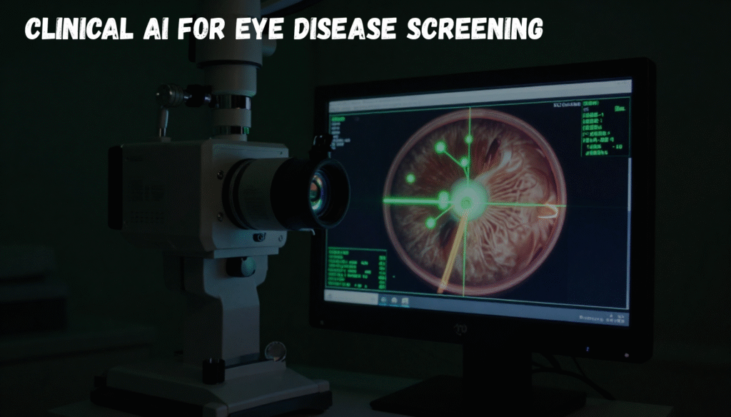 A digital retinal camera screen showing Clinical AI analyzing a patient's eye for diabetic retinopathy.