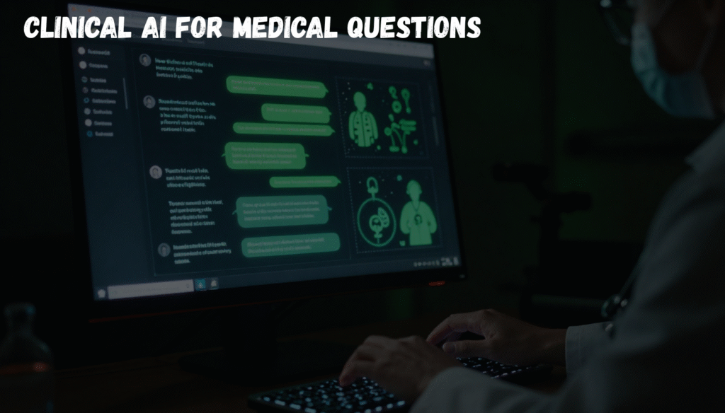 A doctor using a digital tablet to ask a Clinical AI assistant complex medical questions and receiving verified answers.