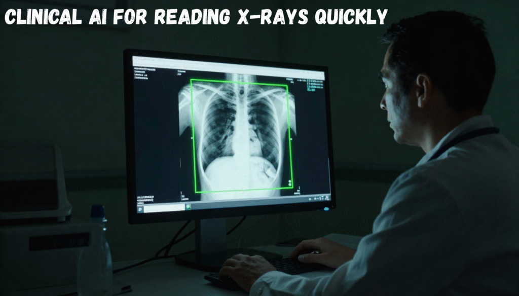 A radiologist looking at a high-resolution medical monitor where Clinical AI is highlighting a critical finding on an X-ray.