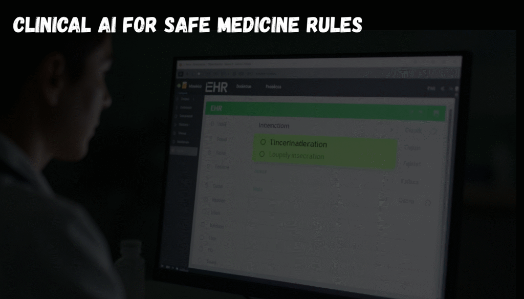 A doctor reviewing a hospital computer screen displaying a context-aware Clinical AI medication safety alert.