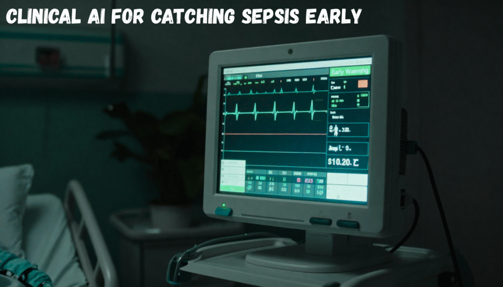 A hospital bedside monitor displaying a Clinical AI early warning alert for sepsis detection.