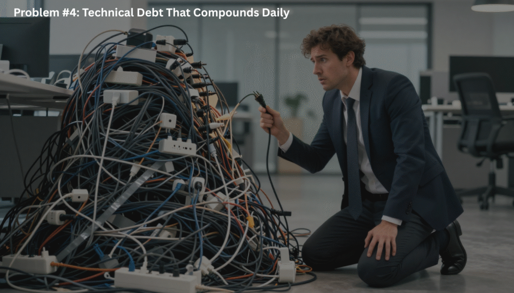 A realistic photo of a frustrated office worker staring at a massive, tangled web of extension cords, representing how unmaintainable code creates compounding vibe coding problems.