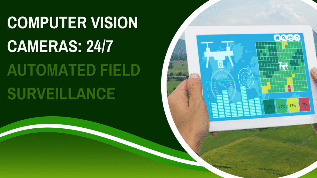 High-tech computer vision cameras mounted on a solar-powered pole providing 24/7 automated field surveillance over a large agricultural crop.
