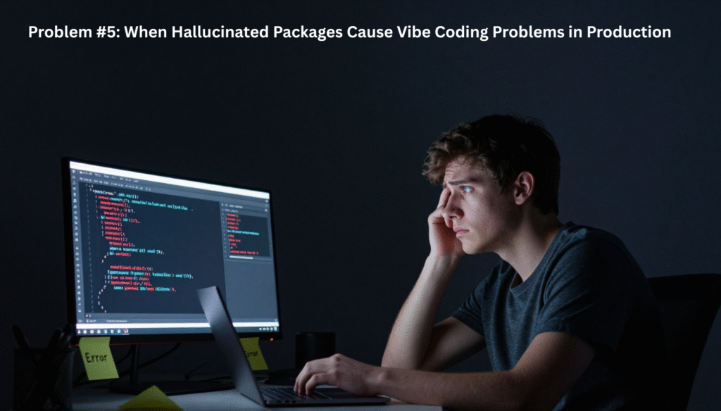A frustrated young developer working late in a dark room, staring at a computer monitor displaying code errors, illustrating how hallucinated packages cause unexpected vibe coding problems.