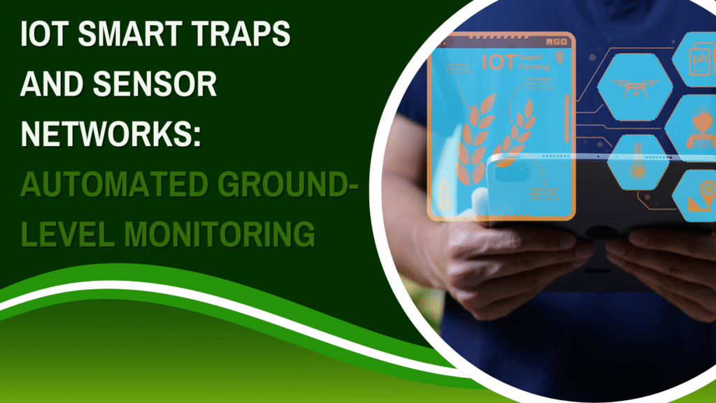 A close-up of interconnected IoT smart traps and digital sensors placed in an agricultural field to provide automated ground-level pest monitoring.