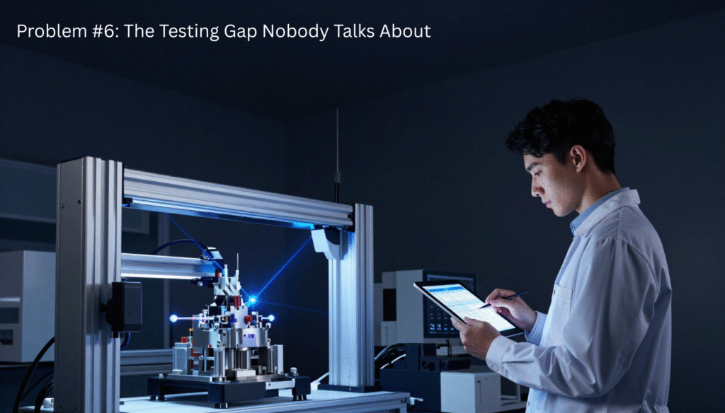 A realistic photo of an engineer actively using a digital tablet to monitor diagnostic tests on a machine, illustrating how a strict QA checklist prevents severe vibe coding problems.