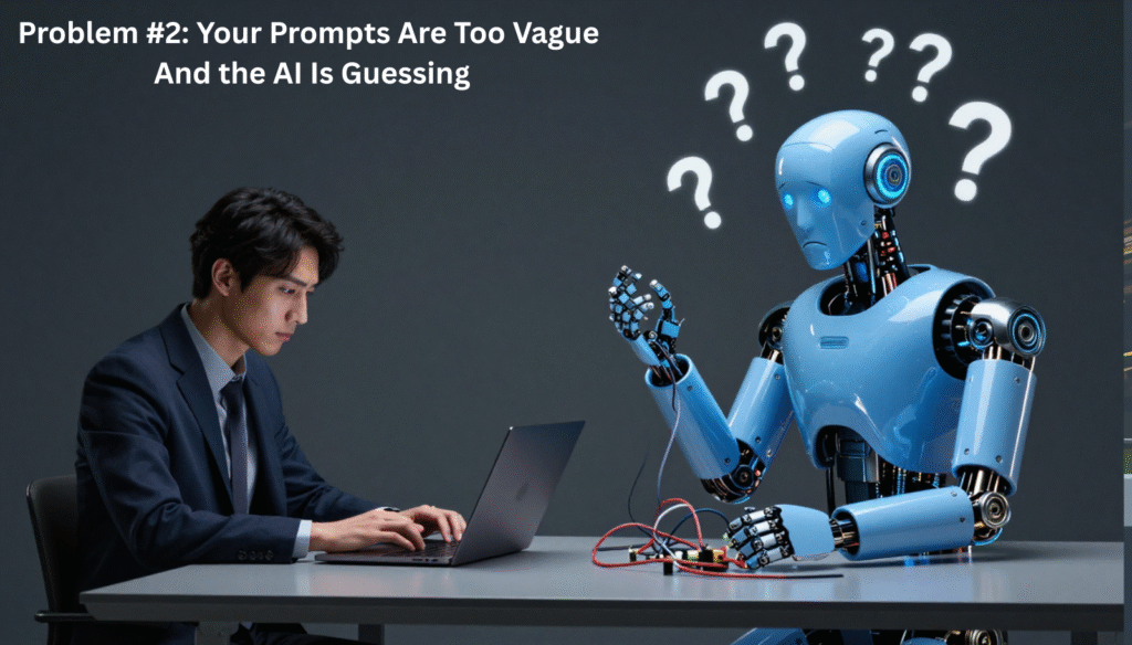 An illustration of an AI robot building a bizarre structure based on blurry blueprints, representing how vague instructions are the root cause of many architectural vibe coding problems.