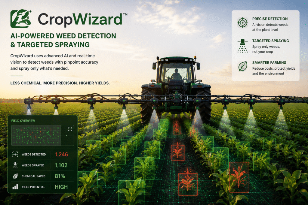 CropWizard AI platform displaying real-time weed detection and targeted spraying recommendations for farmers.Will AI replace farmers