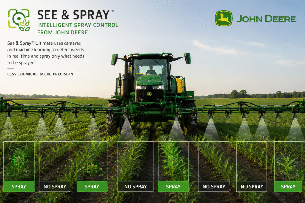 John Deere See & Spray smart sprayer using AI vision to detect weeds and apply targeted herbicide in a crop field.