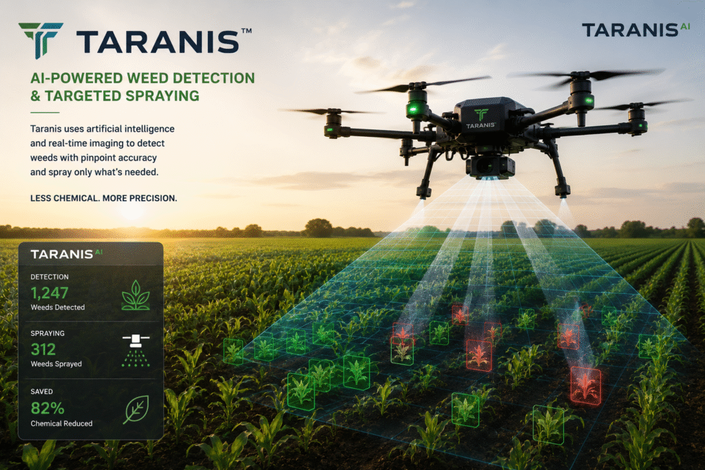 Taranis AI drone scanning crops and identifying weeds using computer vision for precision farming.