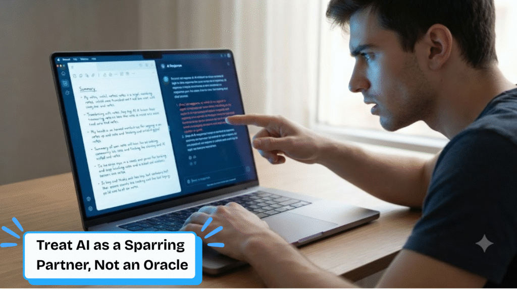 A user challenging an AI response on a laptop screen, treating it as a sparring partner rather than an oracle to prevent AI dependence.