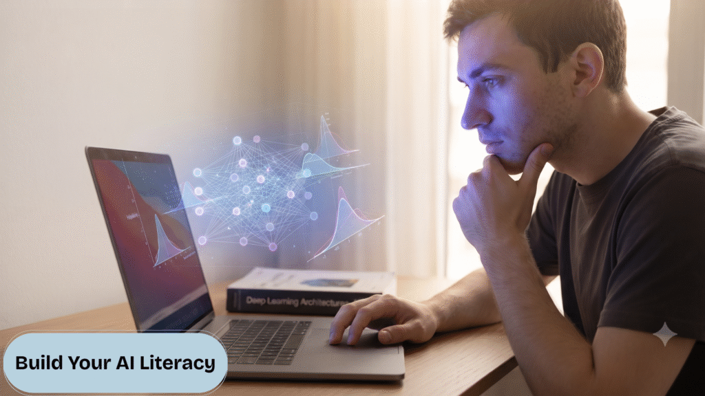The user studies a 3D neural network visualization on his laptop to build the AI literacy required to beat AI dependence.
