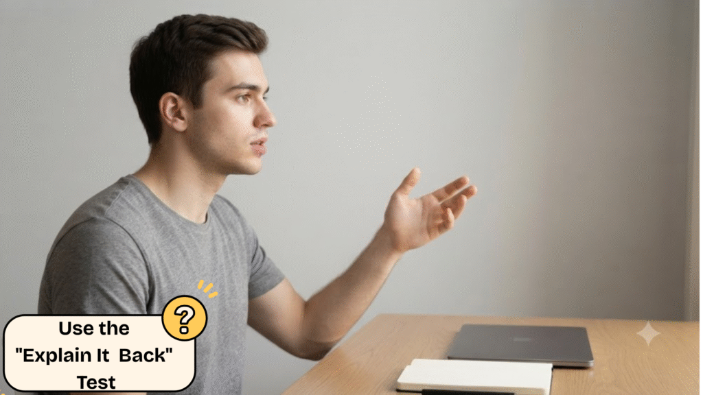 The user gestures to explain a concept aloud, practicing the "Explain It Back" test to overcome AI dependence.
