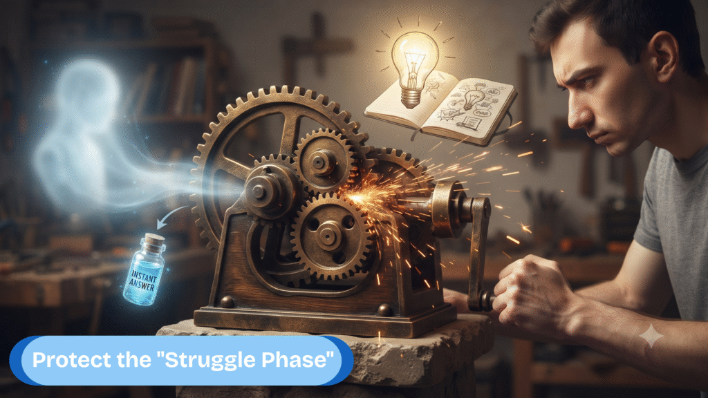 AI dependence is represented by a choice between a glowing instant answer vial and the valuable struggle of grinding heavy gears to power a lightbulb and notebook.