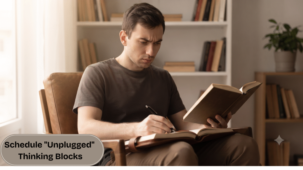 A user in a cozy chair writes in an analog journal, practicing unplugged thinking to counter AI dependence.