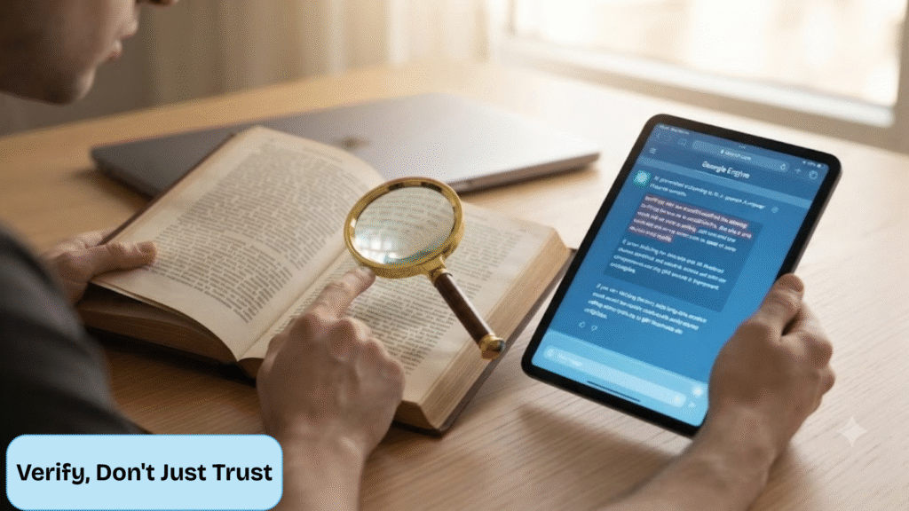 A user verifies an AI answer with a physical encyclopedia and magnifying glass to avoid AI dependence.