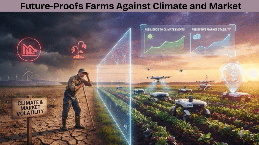A farmer using AI-driven agriculture to navigate climate and market challenges, ensuring resilience in a volatile environment.