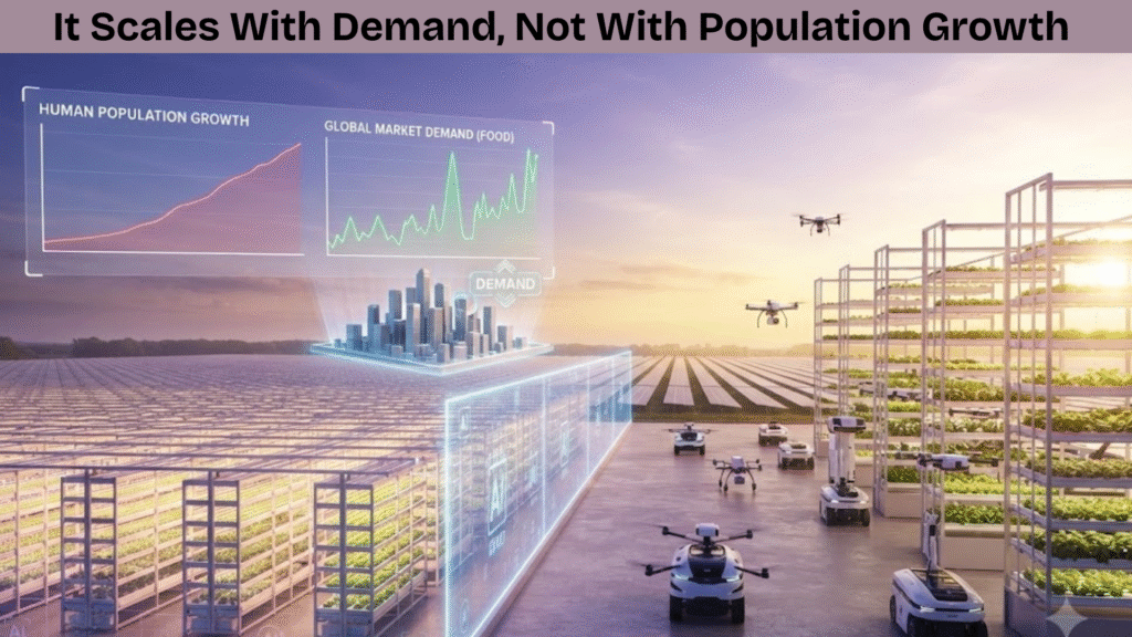 A digital dashboard visualizing global food demand versus population growth, managed by autonomous AI-driven agriculture systems.