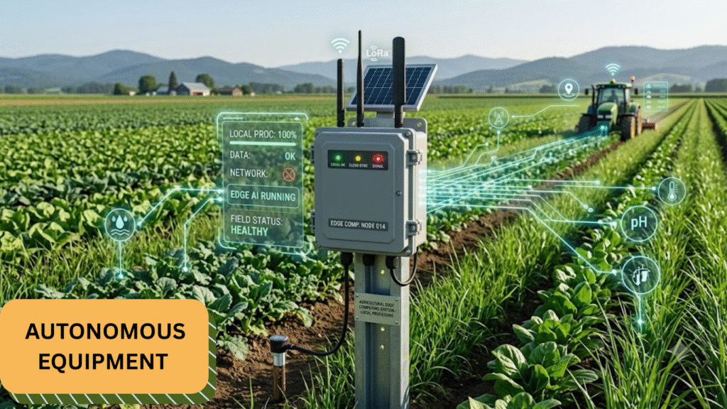 Autonomous tractor and harvester operating seamlessly using edge computing in agriculture data mapping.