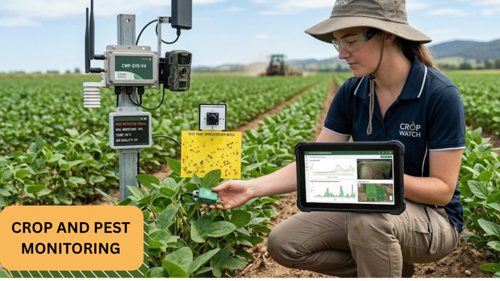 ield technician inspecting an automated pest tracking node powered by edge computing in agriculture.
