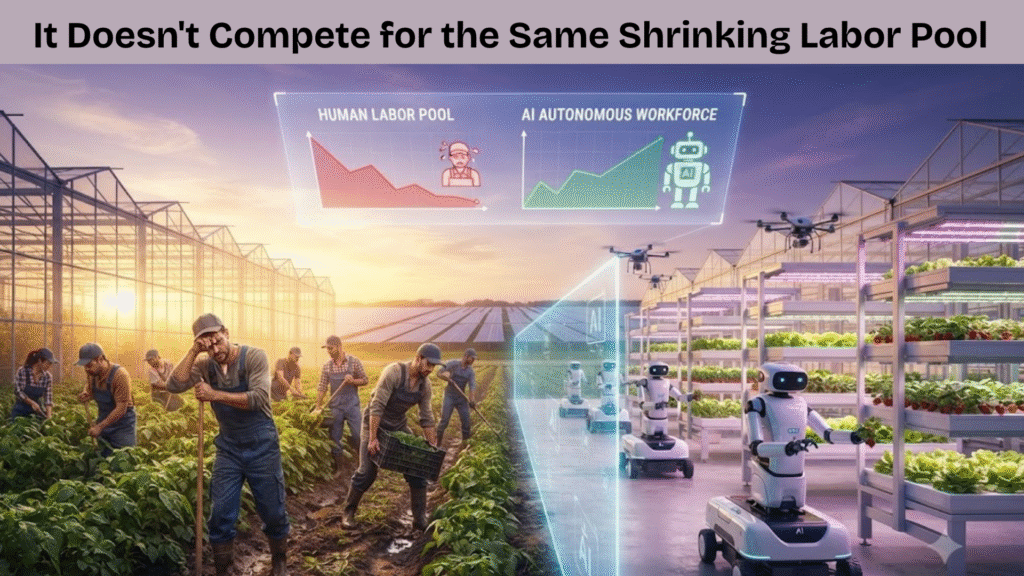 A side-by-side comparison showing a struggling human labor pool versus a growing, efficient AI-driven agriculture workforce.