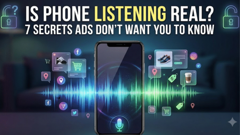 Smartphone displaying soundwaves, advertisement pop-ups, and privacy padlocks illustrating whether phone listening is real.