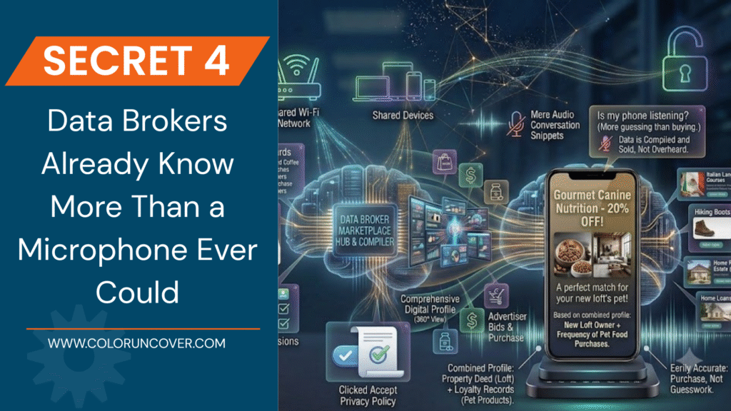 Data broker hub consolidating loyalty card records, public documents, and app permissions into a complete consumer profile without phone listening.