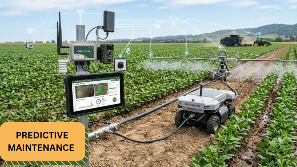A field technician tracking real-time vibration analytics and bearing failure warnings using edge computing in agriculture.