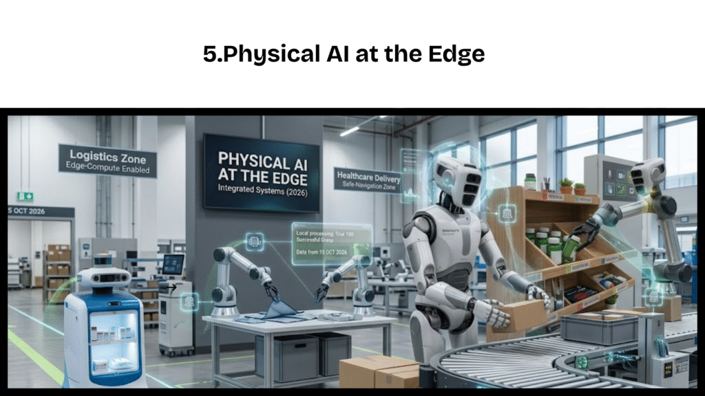 A detailed infographic title card labeled "PHYSICAL AI AT THE EDGE // Integrated Systems (2026)" and "TechnoSoft Robotics". Below are five distinct, connected robotic systems: a large bipedal humanoid with dexterous hands sorting logistics packages; table-mounted articulated arms for delicate grasp and block sorting with glowing datareadouts; a bench-mounted arm for component assembly; an articulated semantic retriever on a stocked shelf; and an autonomous hospital delivery robot moving on a navigation path. All units are connected by glowing data links, with a clock dated "15 OCT 2026".