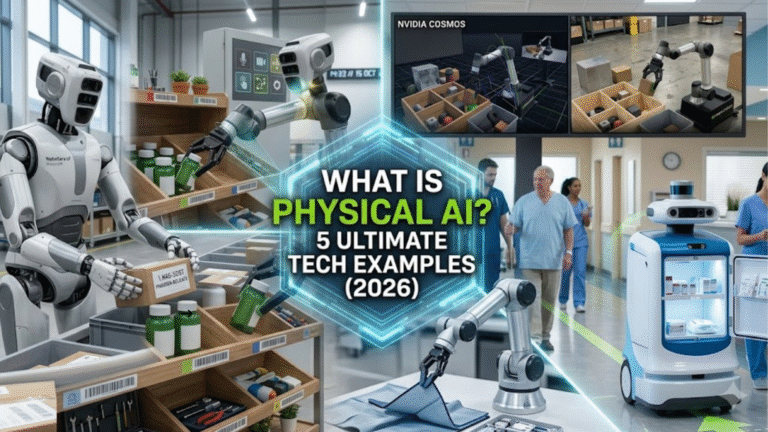 wide-angle featured image for a blog post titled 'What is Physical AI? 5 Ultimate Tech Examples (2026)'. The scene is a beautifully designed, high-tech R&D and advanced logistics facility with cool, diffused lighting. Prominently at the center is a banner with the title. Around it, diverse intelligent robots operate seamlessly. A detailed humanoid sorts packages on a complex multi-conveyor system. A sophisticated robotic arm manages medicines on a high-end wooden shelf. In the foreground, a distinctive hospital delivery robot moves with its doors open. A huge background wall display illustrates the simulation-to-reality pipeline (Cosmos/simulation wall). Human engineers are visible in the deep background, observing. The composition is balanced and integrated.
