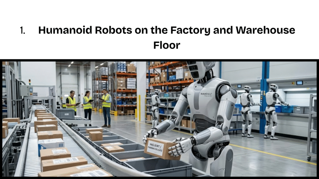 A visual representation of what is physical AI, featuring a sophisticated humanoid robot accurately sorting cardboard boxes on a conveyor belt system inside a modern, well-lit 2026 warehouse.