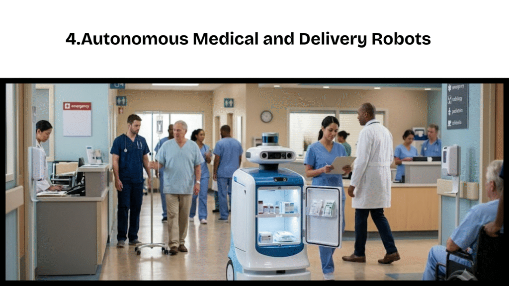 An autonomous medical delivery robot, illustrating what is physical AI, safely navigating a busy hospital corridor alongside doctors and patients to deliver critical supplies.