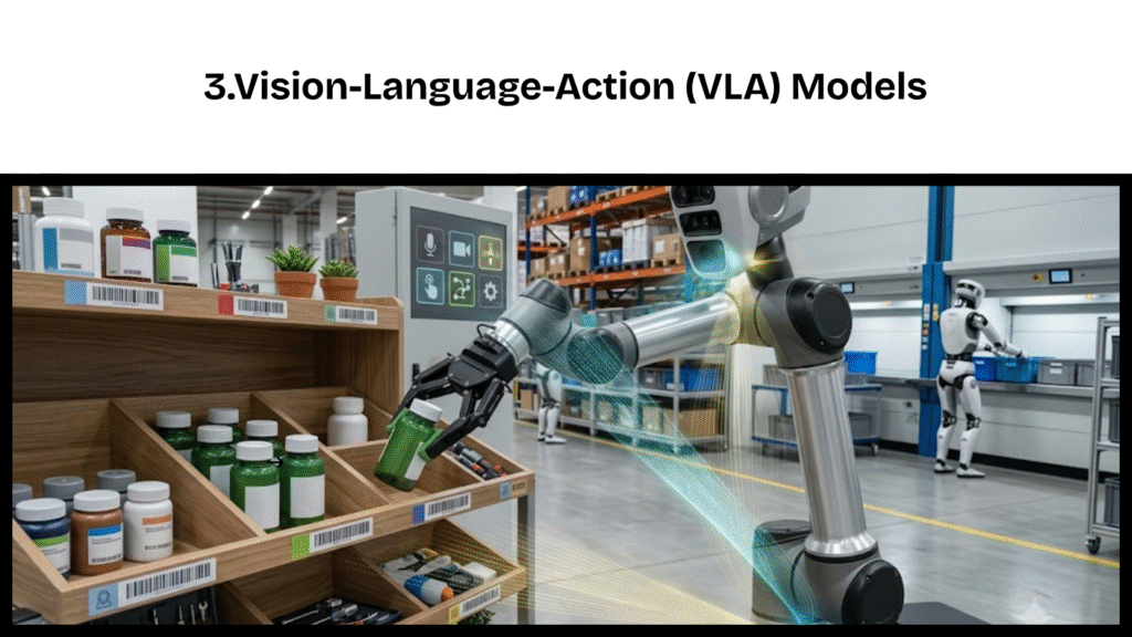 A high-resolution composite featured image for a blog post titled 'WHAT IS PHYSICAL AI? 5 ULTIMATE TECH EXAMPLES (2026)'. The image displays a complex multi-level futuristic R&D and advanced logistics facility with cool, diffused lighting. A central integrated banner displays the title. Around it, the original five tech examples are seamlessly integrated: Humanoid package sorting (left), Articulated arm pharmacy management (right), Hospital delivery (foreground), Simulation-to-reality pipeline wall display (background). A new specialized station is visible in the background-center on an intermediate walkway, explicitly dedicated to a Vision-Language-Action (VLA) model. At this bench, a sophisticated robot with dexterous hands sorts complex, multi-component toolsets. Converging data stream lines (blue for vision, gold for language, and green for action planning) illuminate the robot's multi-sensor head unit, with a small command panel displaying text 'Command: 'Sort and kit these items'. The whole environment is clean and sophisticated. Blurry human engineers observe from a distance.